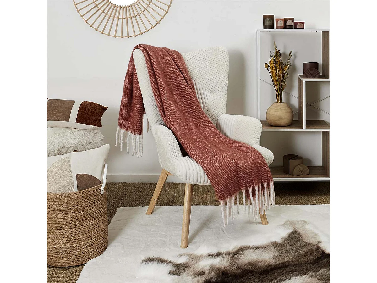 Plaid 120x150cm Chiné Terracotta avec Franges Blanches - CORIAL