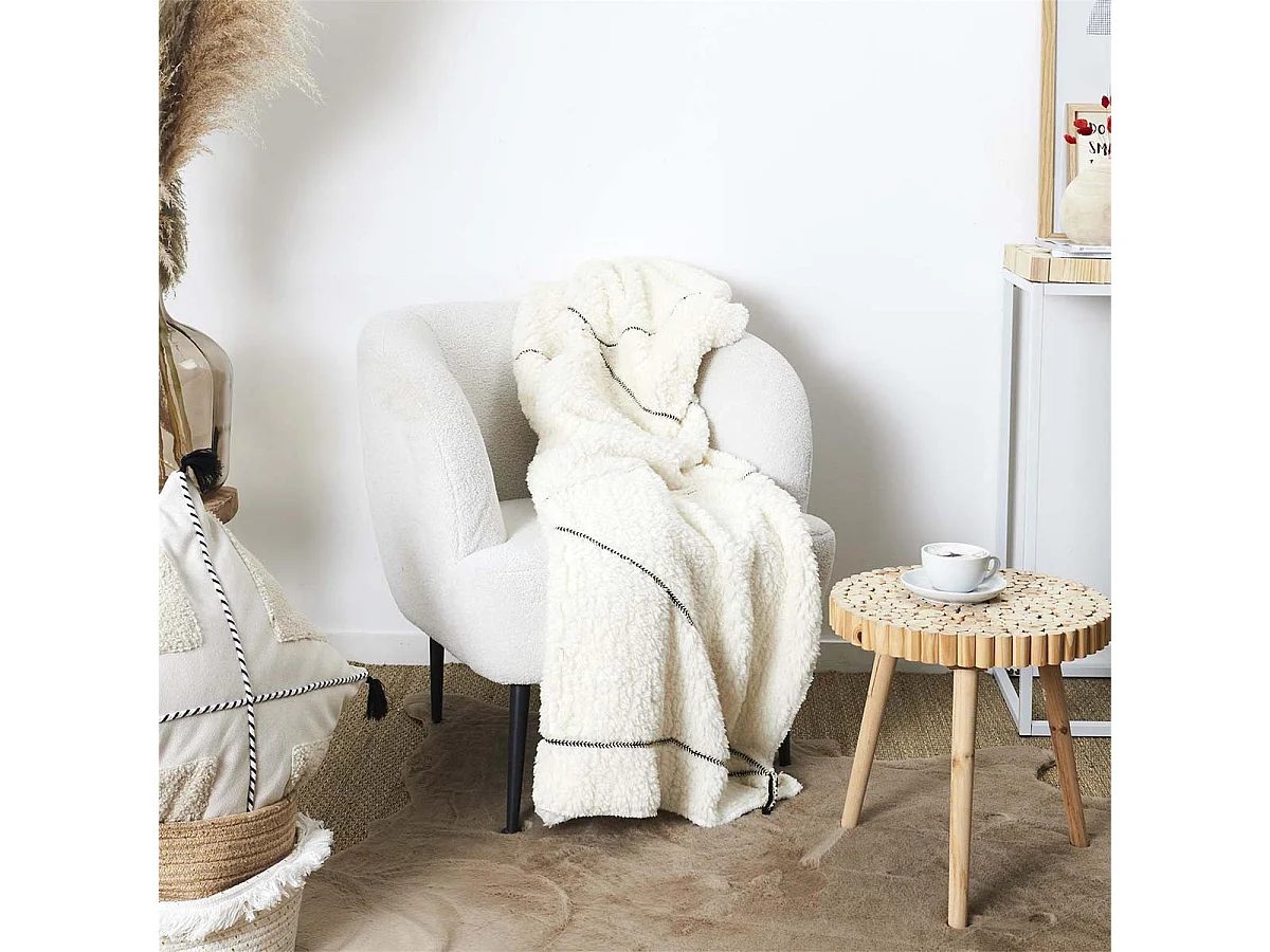 Plaid Sherpa 130x160cm Blanc Motif Géométrique Tressé Noir - FARYA