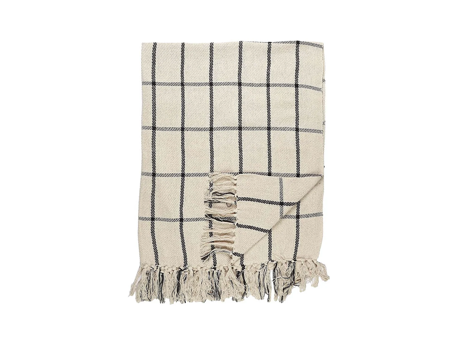 Plaid Jeté de Canapé 125x150cm Beige Imprimé Carreaux Noirs avec Franges - WAIKIKI