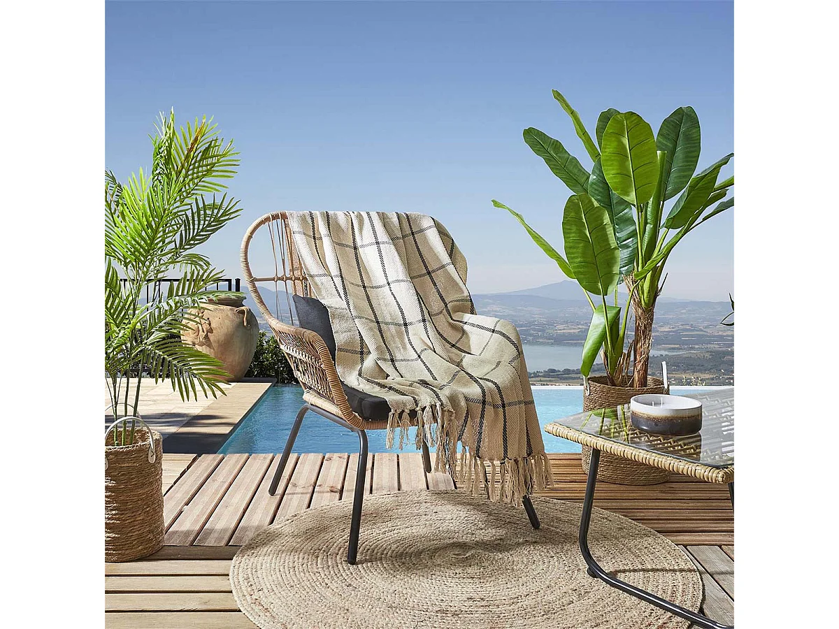 Plaid Jeté de Canapé 125x150cm Beige Imprimé Carreaux Noirs avec Franges - WAIKIKI