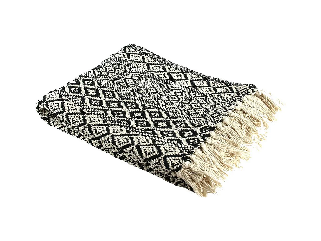 Plaid Jeté de Canapé 120x150cm Style Ethnique Noir et Blanc avec Franges - RAFY