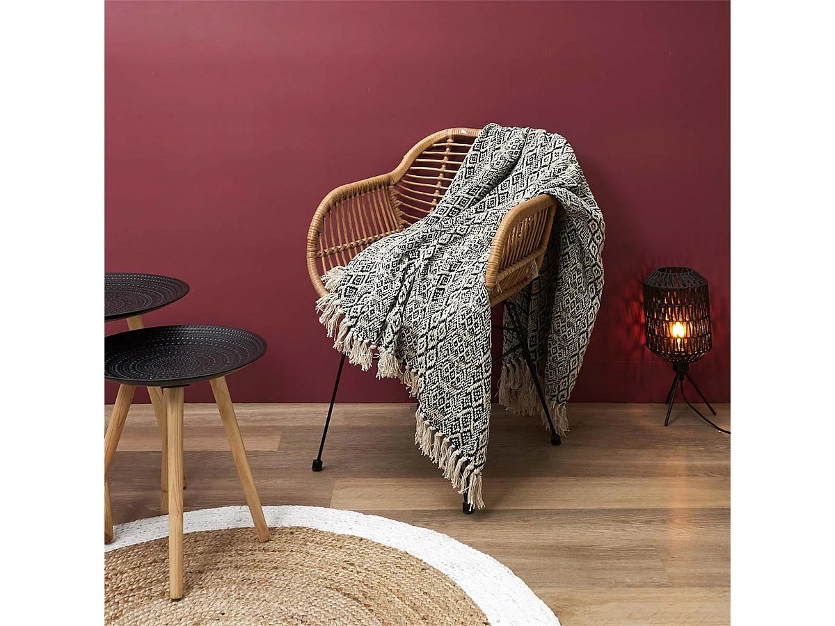 Plaid Jeté de Canapé 120x150cm Style Ethnique Noir et Blanc avec Franges - RAFY