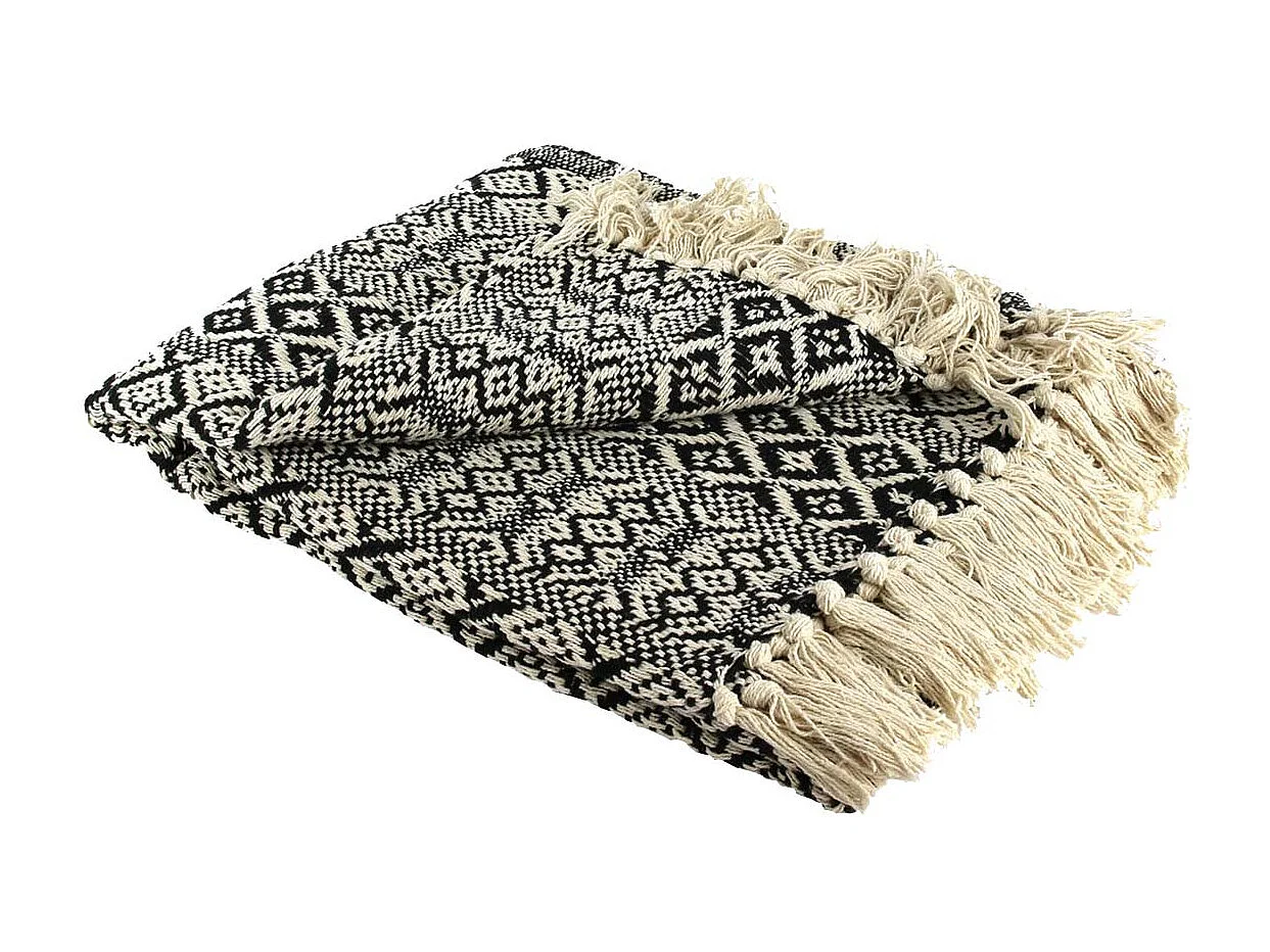 Plaid Jeté de Canapé 120x150cm Style Ethnique Noir et Blanc avec Franges - RAFY