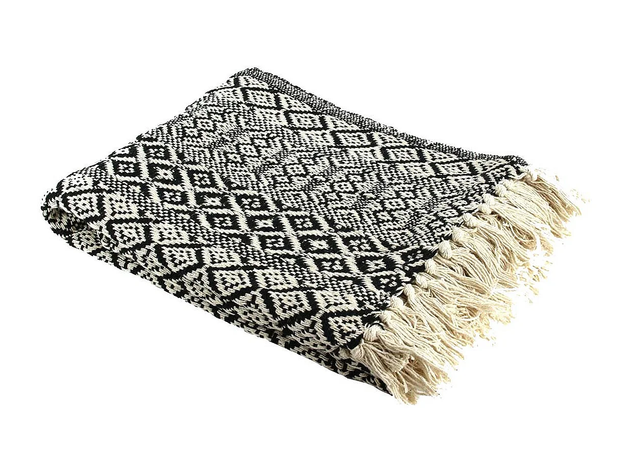 Plaid Jeté de Canapé 120x150cm Style Ethnique Noir et Blanc avec Franges - RAFY