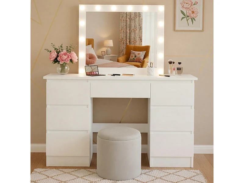 Coiffeuse - carré - Bois - 130 x 45 cm - Blanc - Duffy