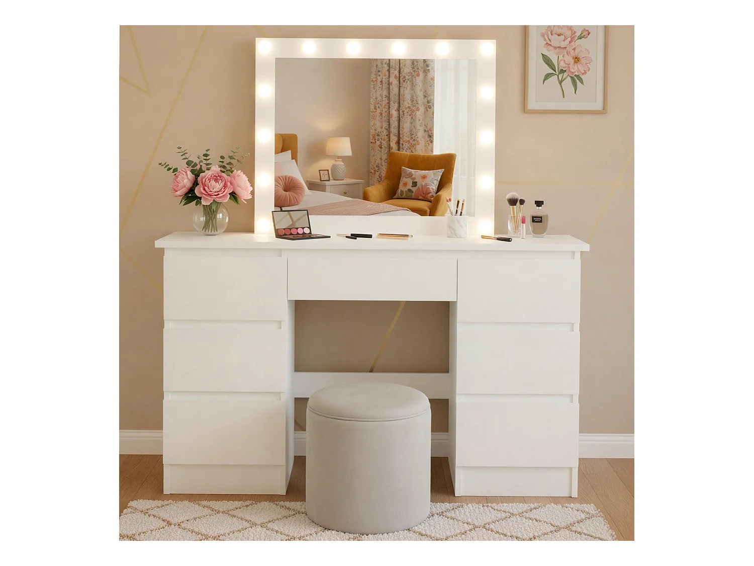 Coiffeuse - carré - Bois - 130 x 45 cm - Blanc - Duffy