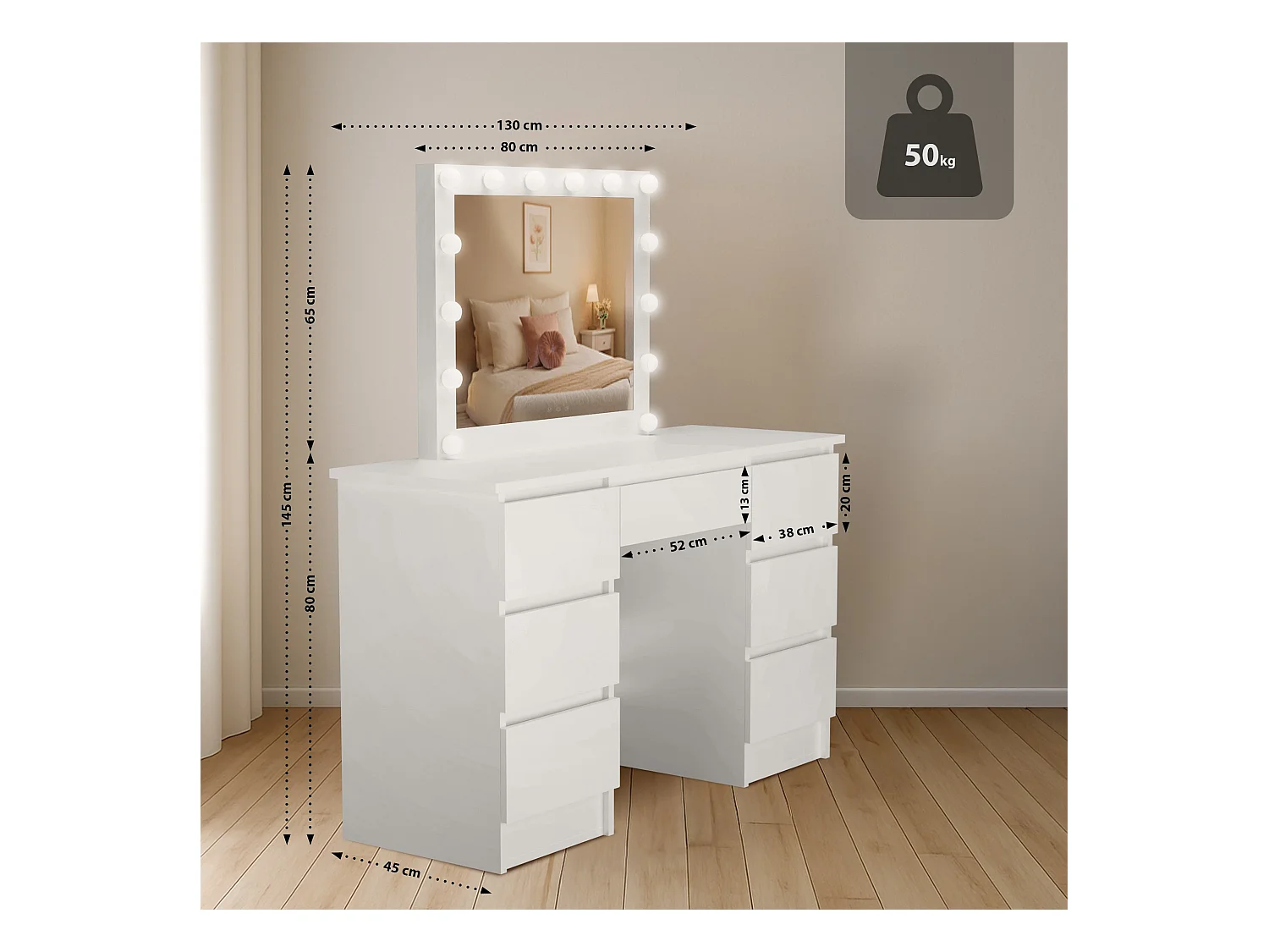 Coiffeuse - carré - Bois - 130 x 45 cm - Blanc - Duffy