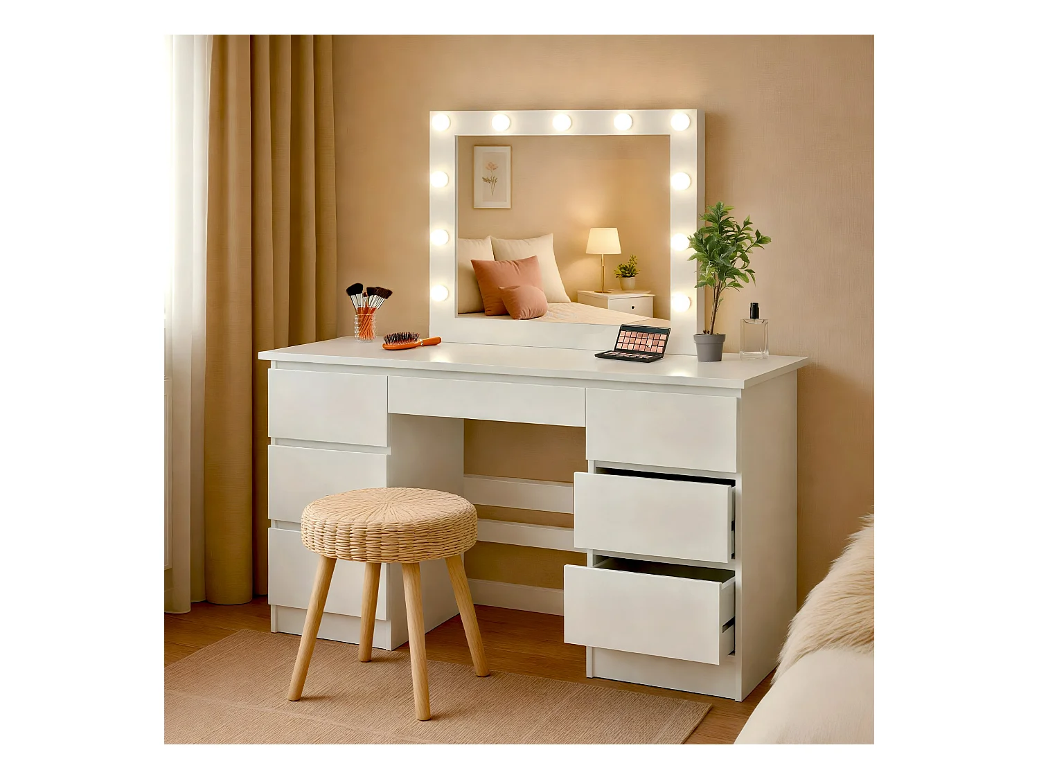 Coiffeuse - carré - Bois - 130 x 45 cm - Blanc - Duffy