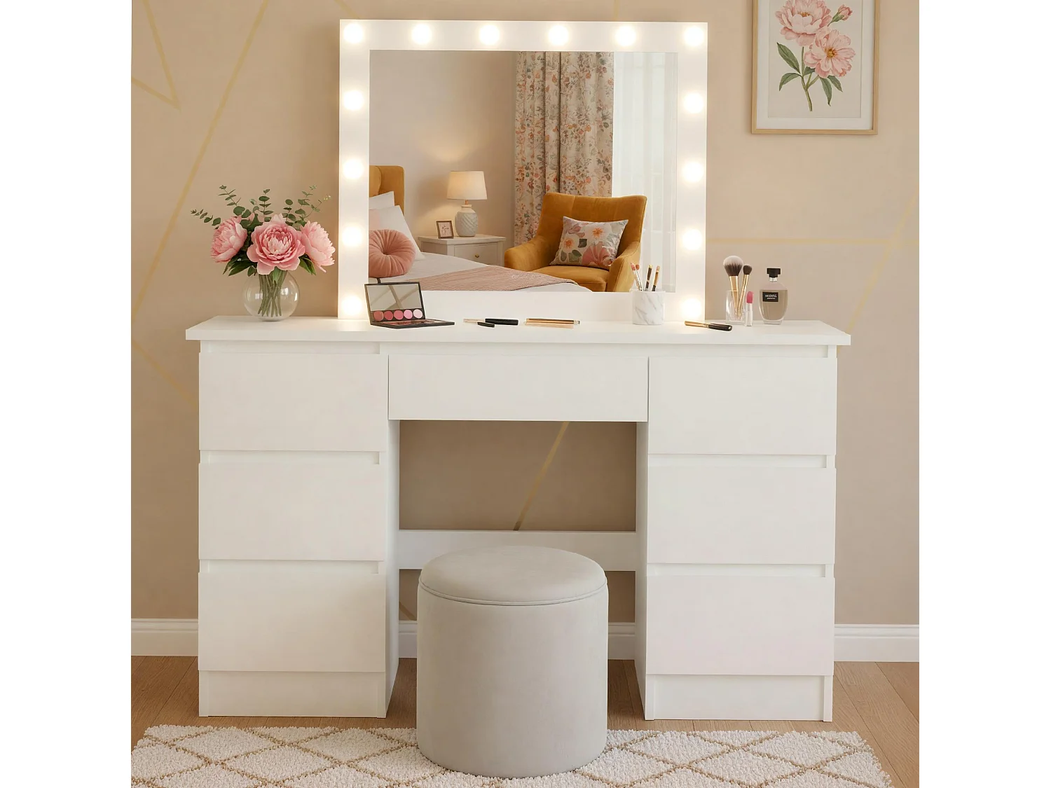 Coiffeuse - carré - Bois - 130 x 45 cm - Blanc - Duffy