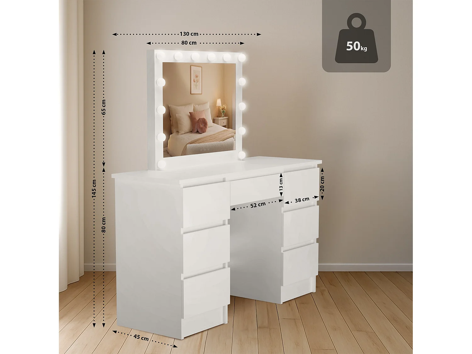 Coiffeuse - carré - Bois - 130 x 45 cm - Blanc - Duffy