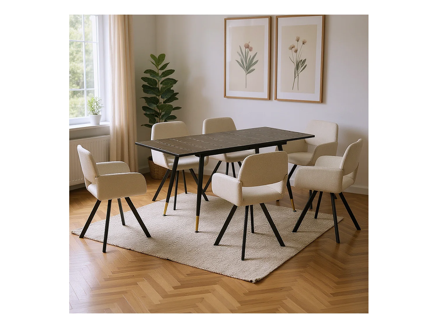 URBAN MEUBLE Ensemble table extensible bois noir et 4 chaises pivotantes beige