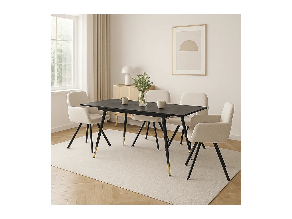 URBAN MEUBLE Ensemble table extensible bois noir et 4 chaises pivotantes beige