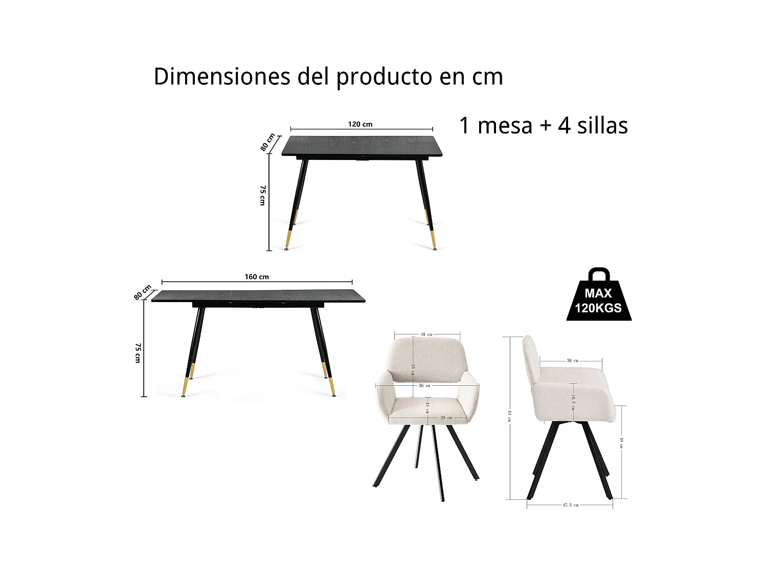 URBAN MEUBLE Ensemble table extensible bois noir et 4 chaises pivotantes beige