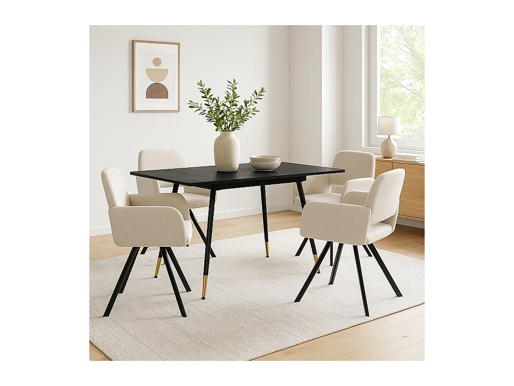 URBAN MEUBLE Ensemble table extensible bois noir et 4 chaises pivotantes beige