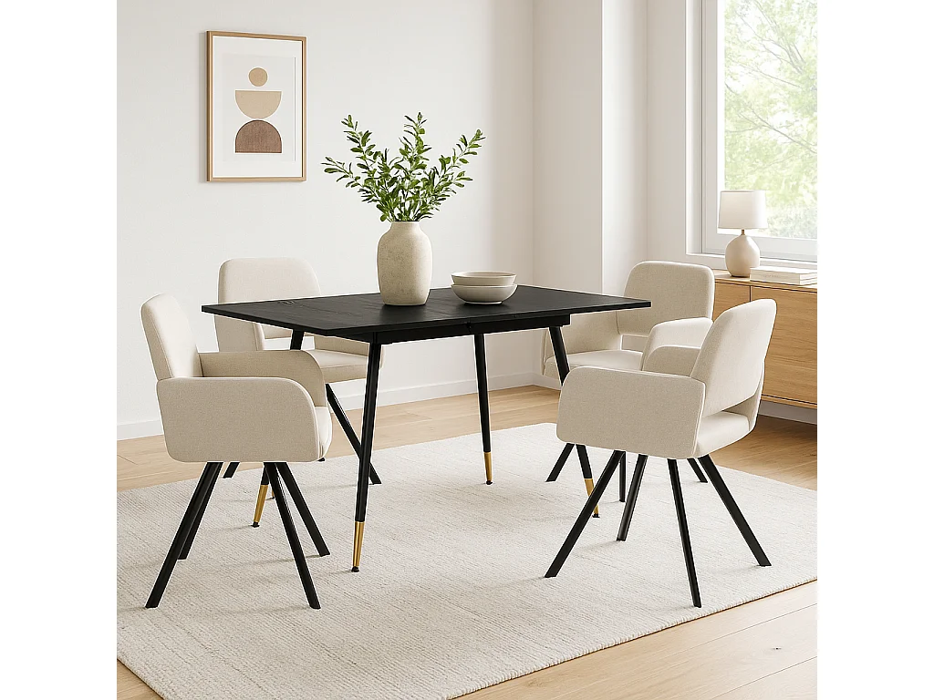 URBAN MEUBLE Ensemble table extensible bois noir et 4 chaises pivotantes beige