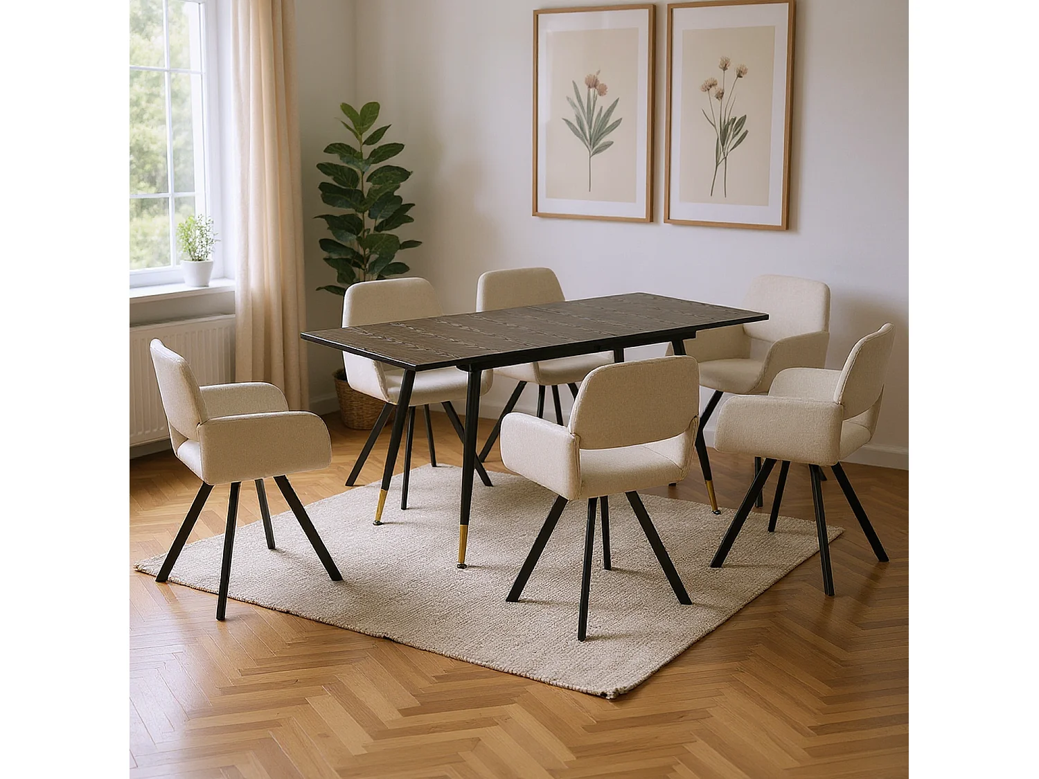 URBAN MEUBLE Ensemble table extensible bois noir et 4 chaises pivotantes beige
