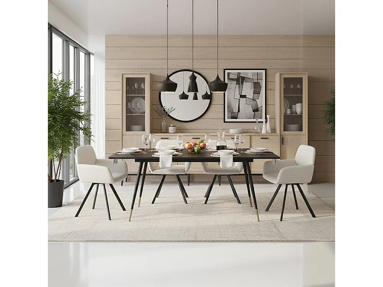 URBAN MEUBLE Ensemble table extensible bois noir et 4 chaises pivotantes beige