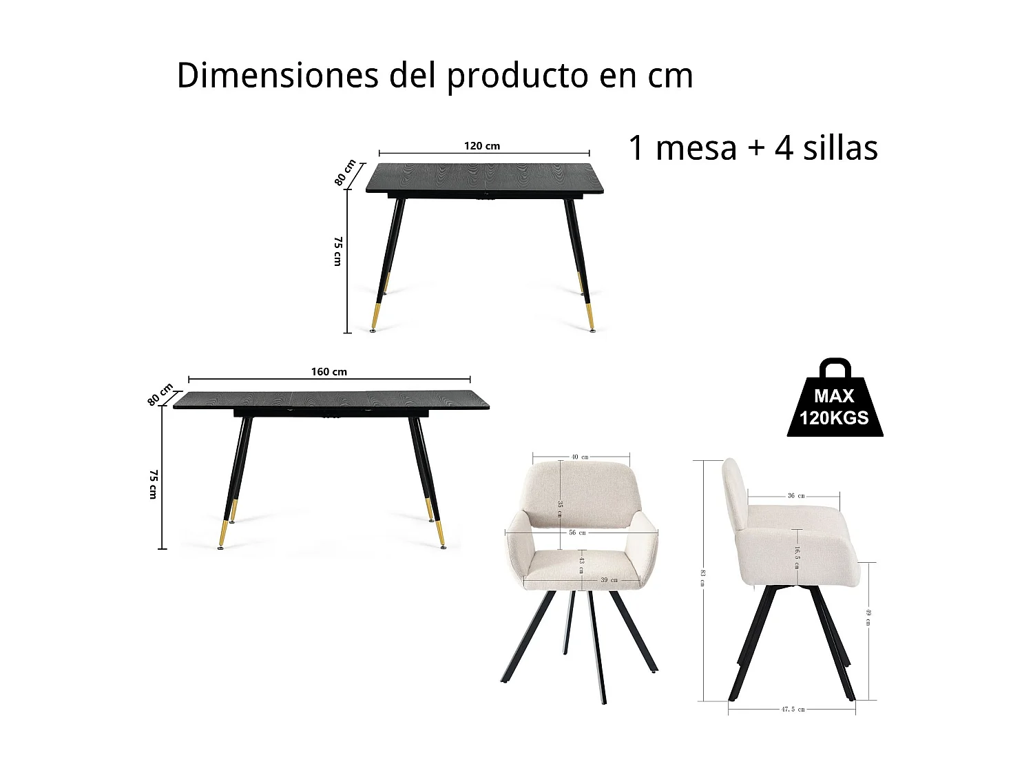 URBAN MEUBLE Ensemble table extensible bois noir et 4 chaises pivotantes beige