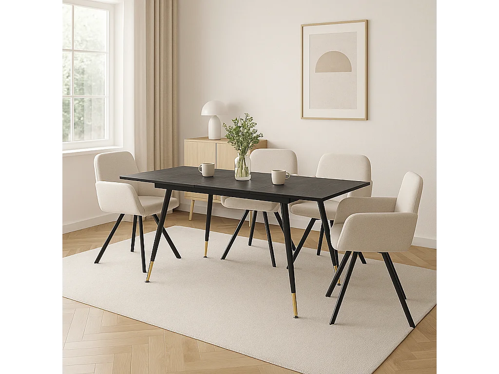 URBAN MEUBLE Ensemble table extensible bois noir et 4 chaises pivotantes beige