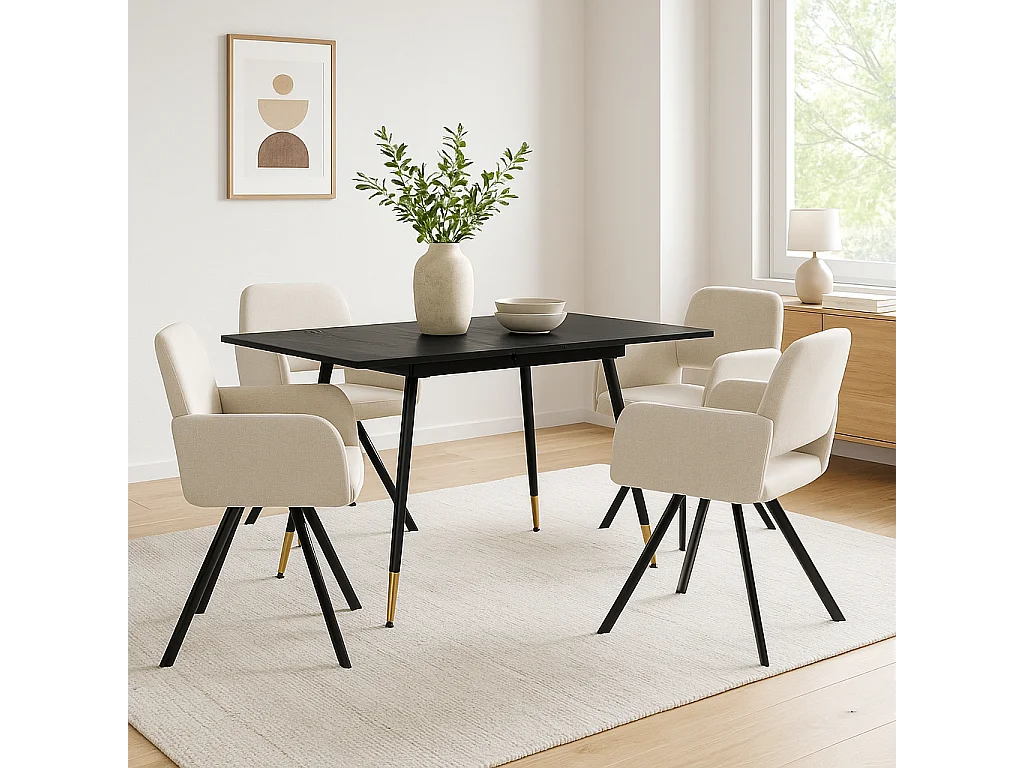 URBAN MEUBLE Ensemble table extensible bois noir et 4 chaises pivotantes beige