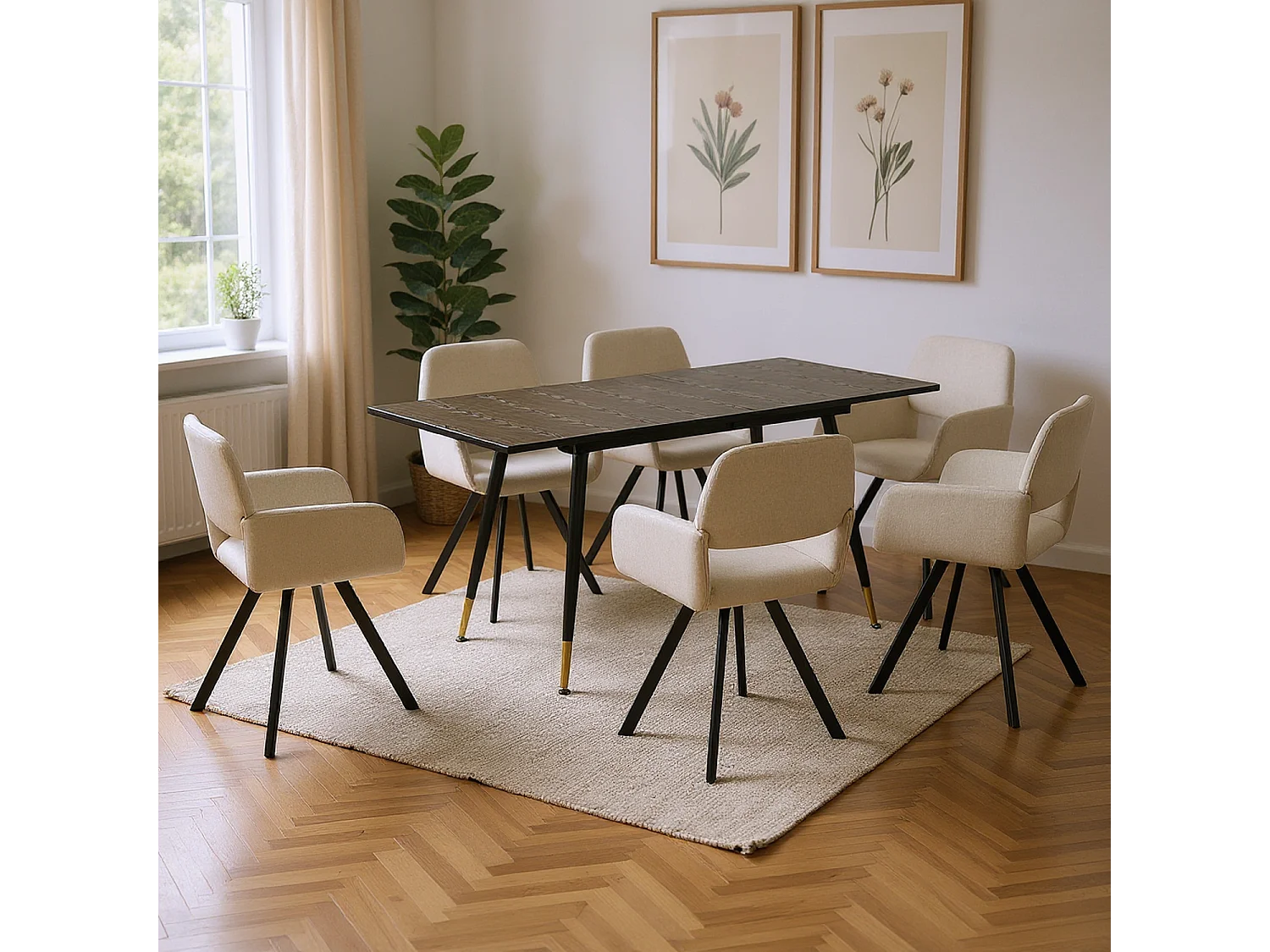 URBAN MEUBLE Ensemble table extensible bois noir et 4 chaises pivotantes beige