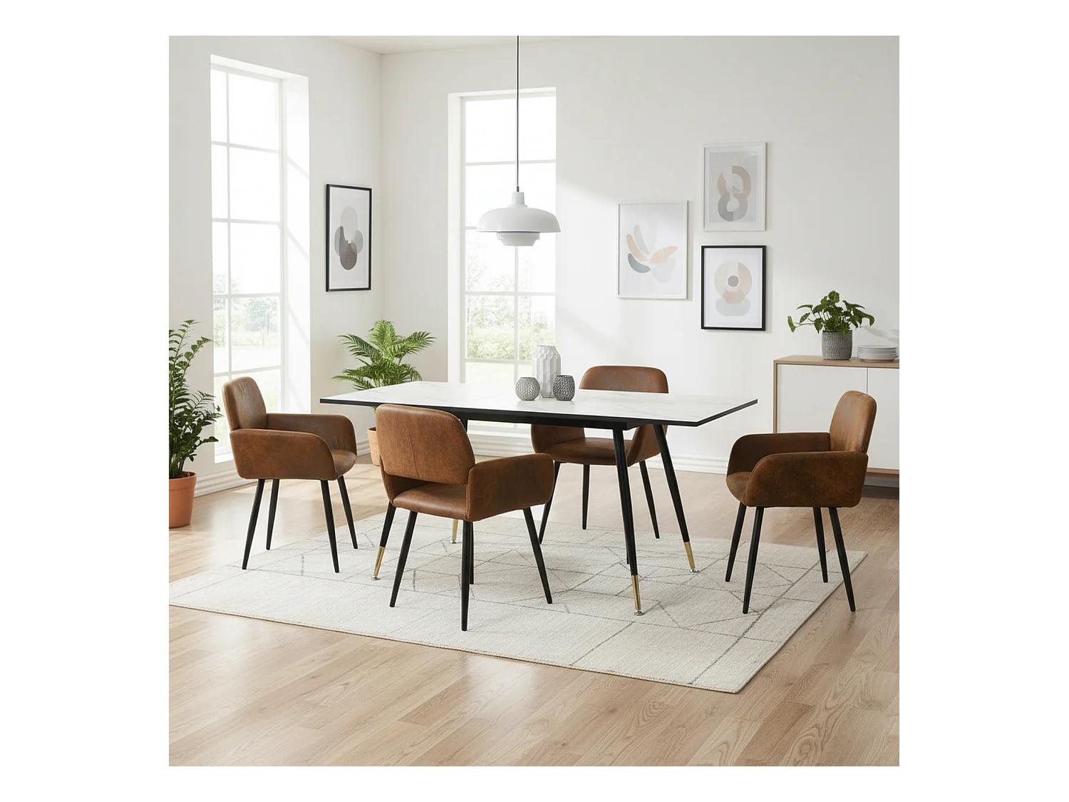 URBAN MEUBLE Ensemble table extensible marbre blanc et 4 chaises suède brun