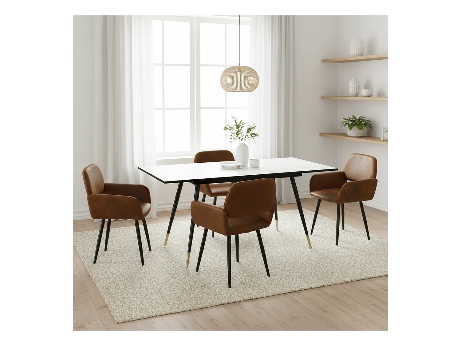 URBAN MEUBLE Ensemble table extensible marbre blanc et 4 chaises suède brun