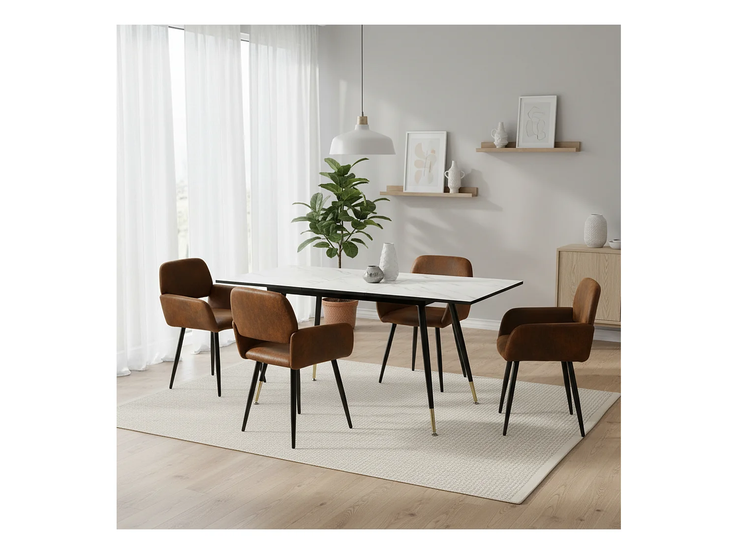 URBAN MEUBLE Ensemble table extensible marbre blanc et 4 chaises suède brun