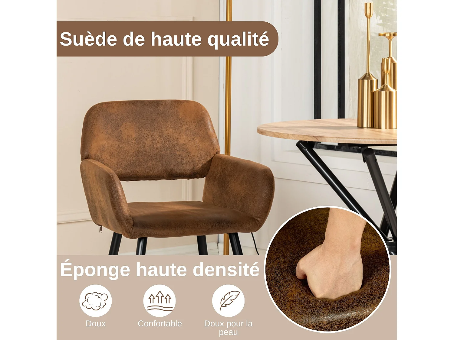 URBAN MEUBLE Ensemble table extensible marbre blanc et 4 chaises suède brun