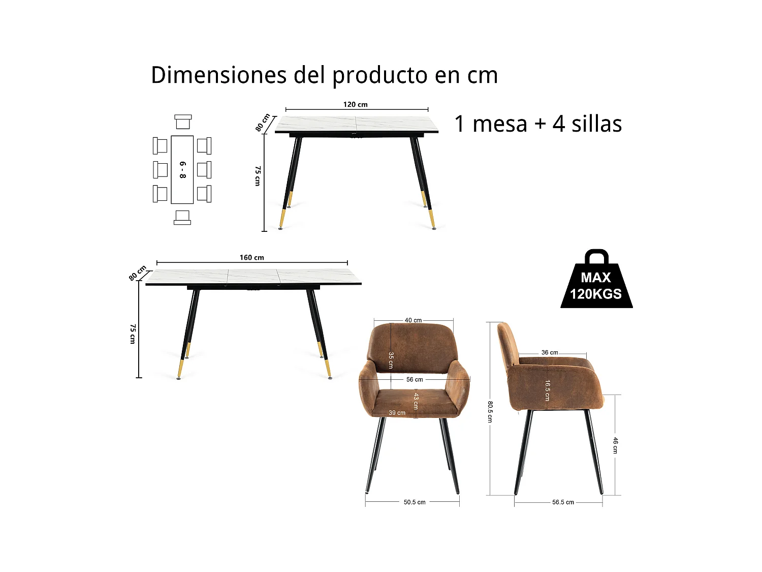 URBAN MEUBLE Ensemble table extensible marbre blanc et 4 chaises suède brun
