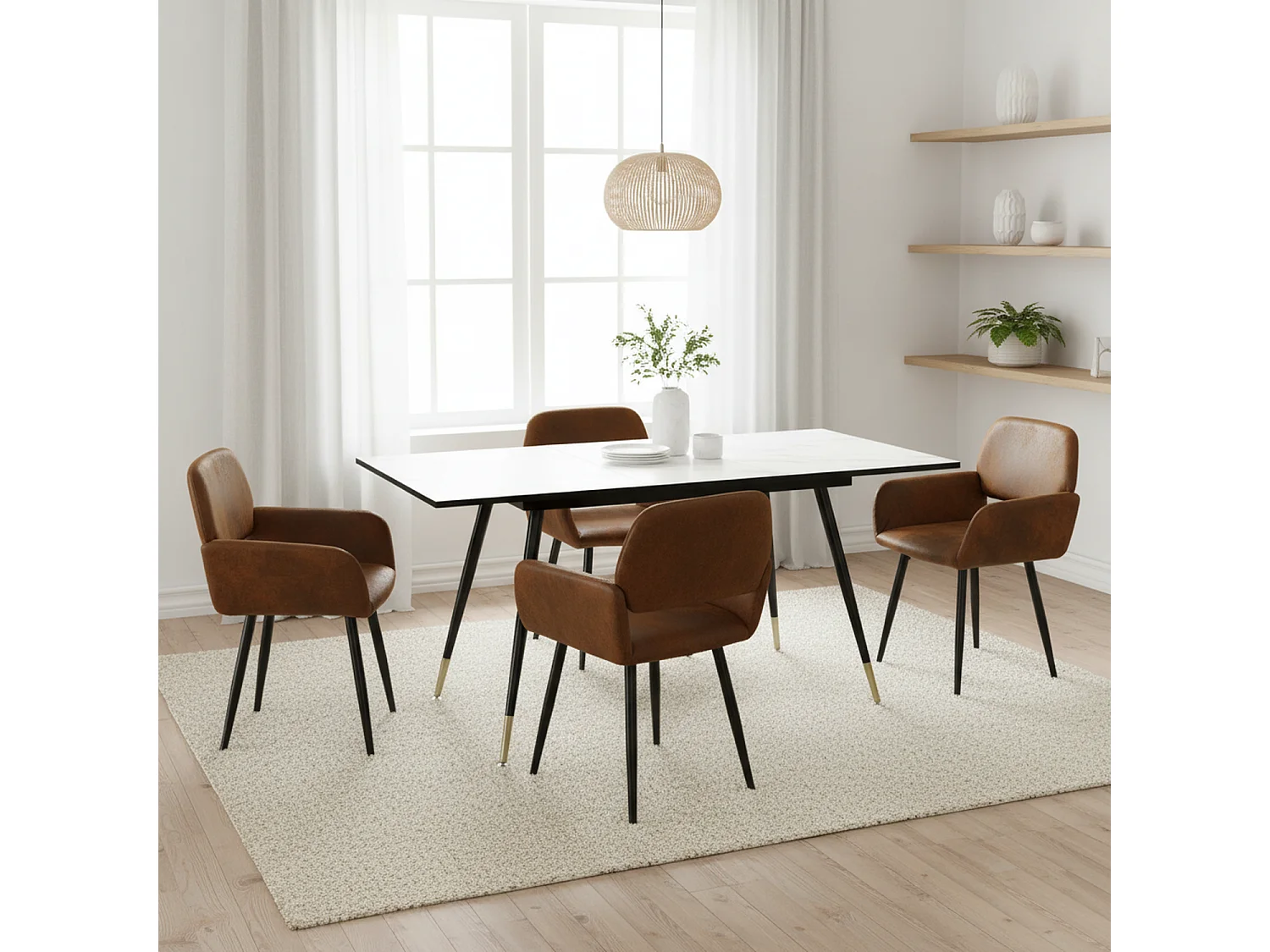 URBAN MEUBLE Ensemble table extensible marbre blanc et 4 chaises suède brun