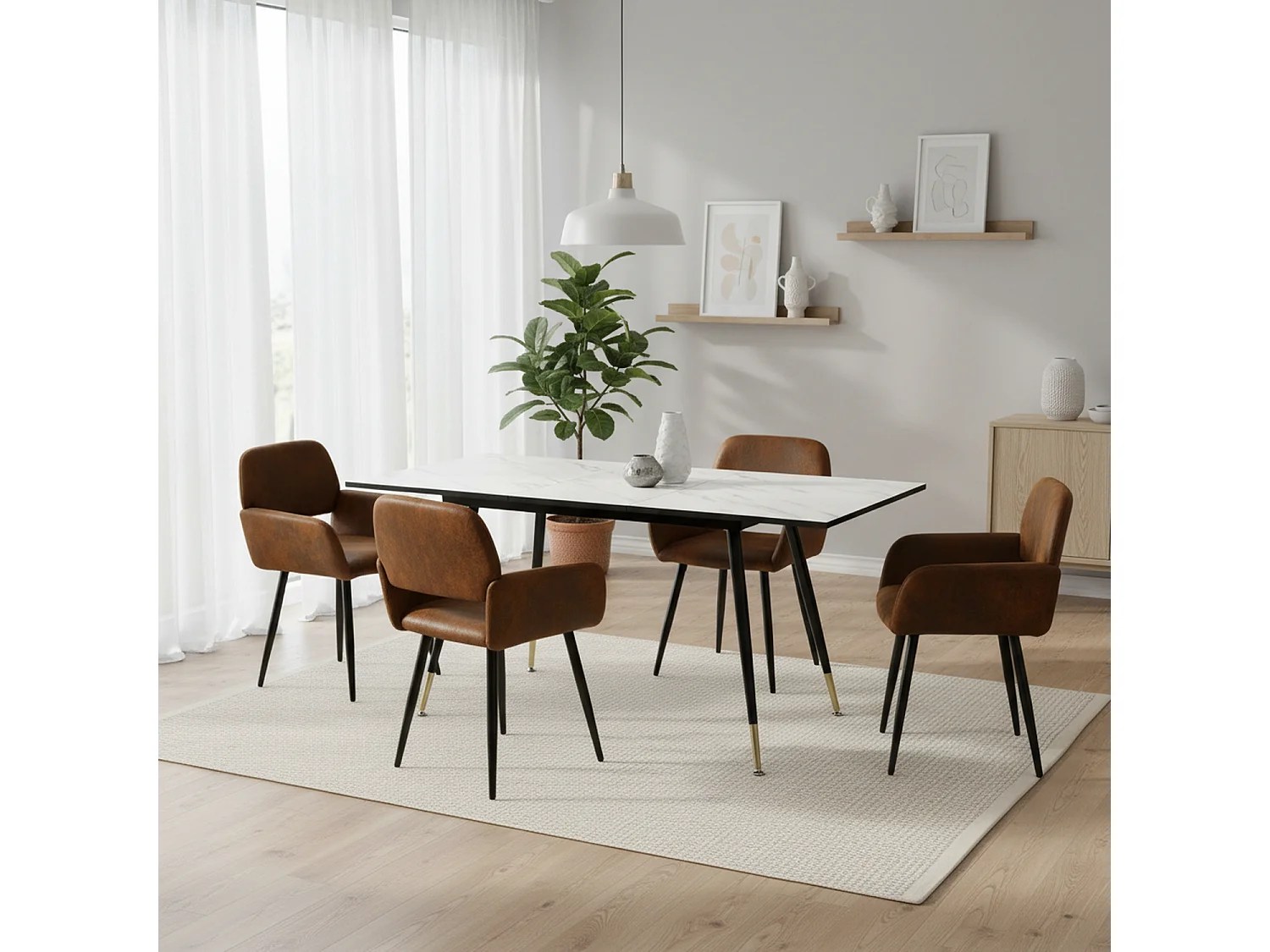 URBAN MEUBLE Ensemble table extensible marbre blanc et 4 chaises suède brun