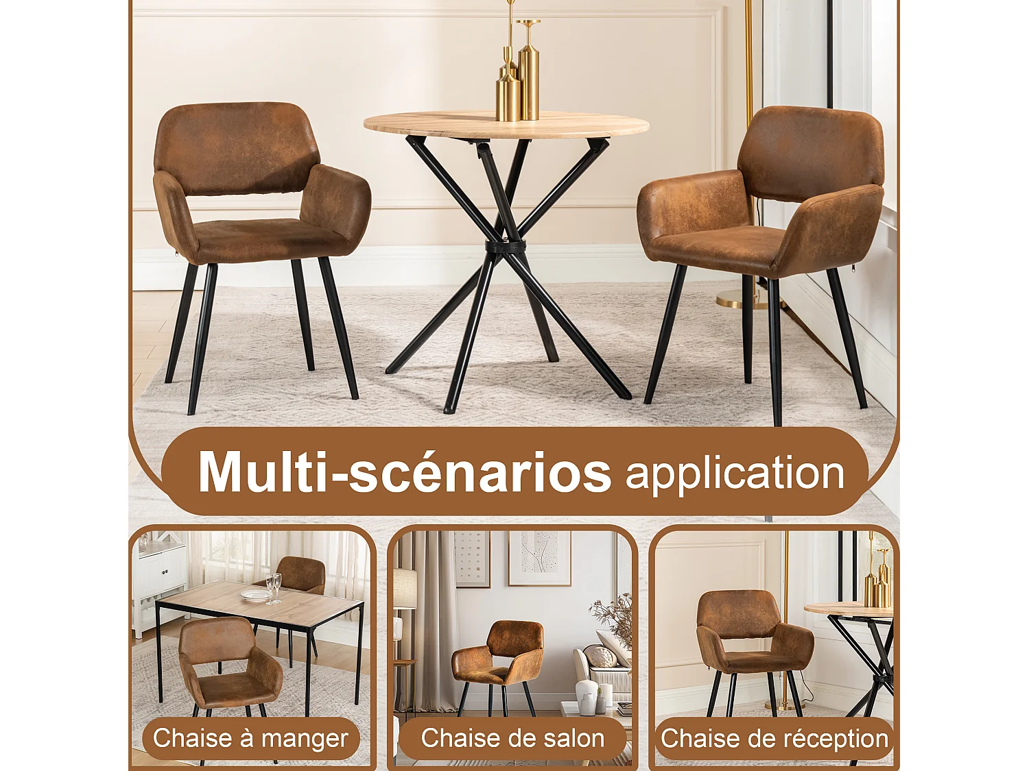 URBAN MEUBLE Ensemble table extensible marbre blanc et 4 chaises suède brun