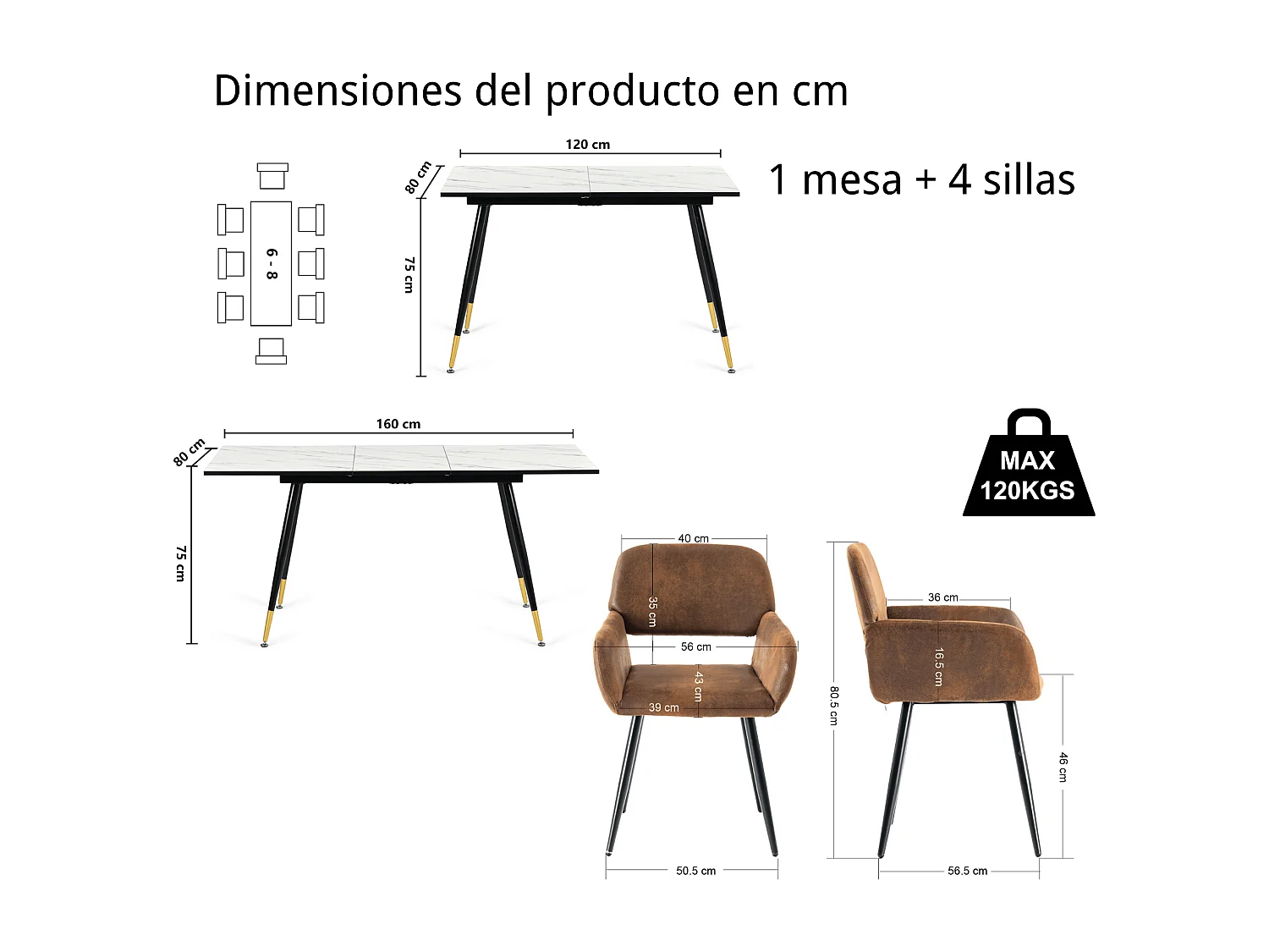 URBAN MEUBLE Ensemble table extensible marbre blanc et 4 chaises suède brun