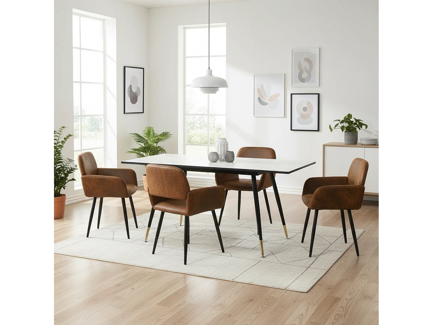 URBAN MEUBLE Ensemble table extensible marbre blanc et 4 chaises suède brun