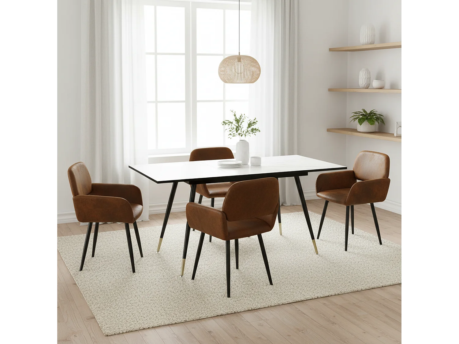 URBAN MEUBLE Ensemble table extensible marbre blanc et 4 chaises suède brun