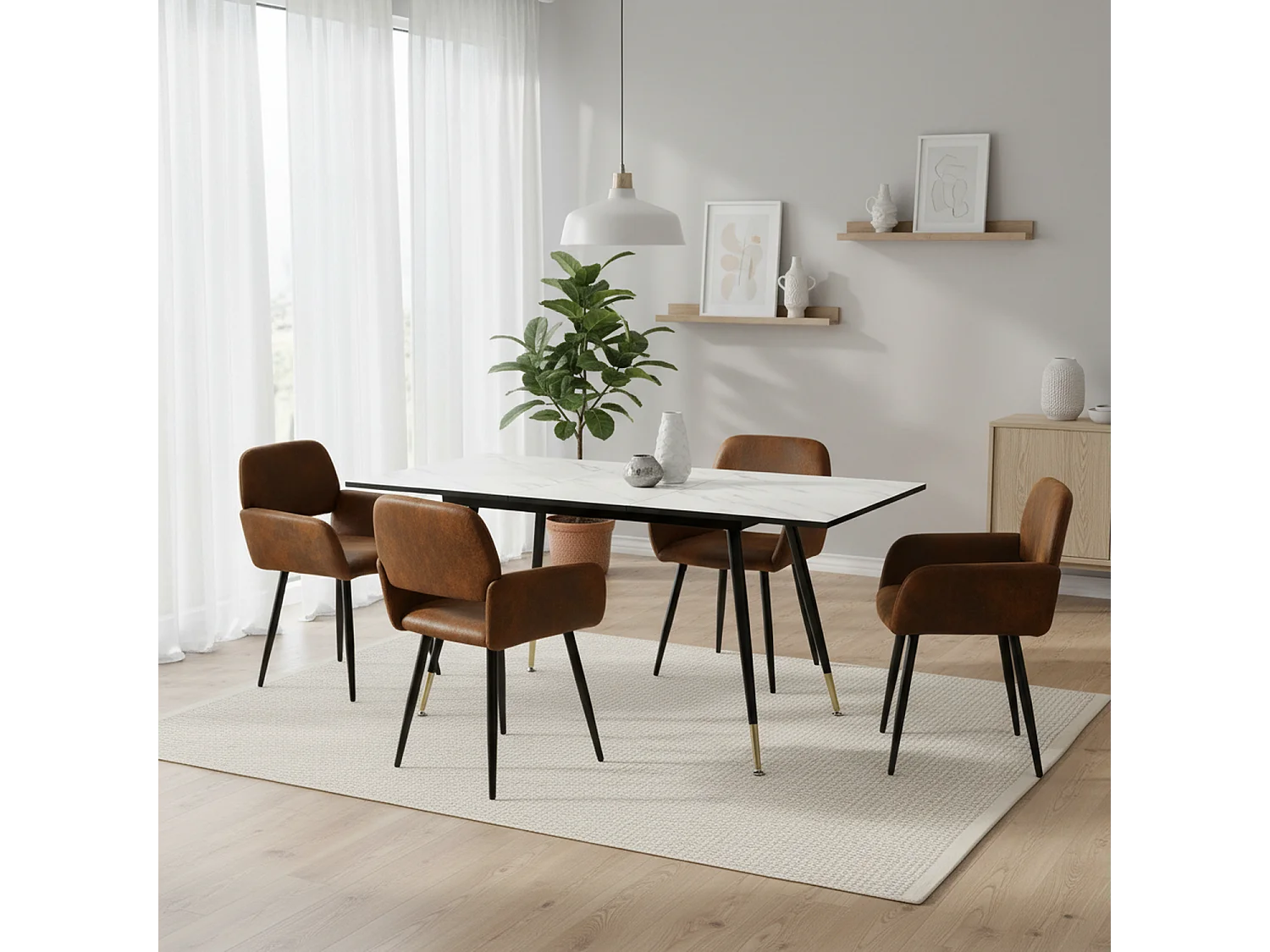 URBAN MEUBLE Ensemble table extensible marbre blanc et 4 chaises suède brun