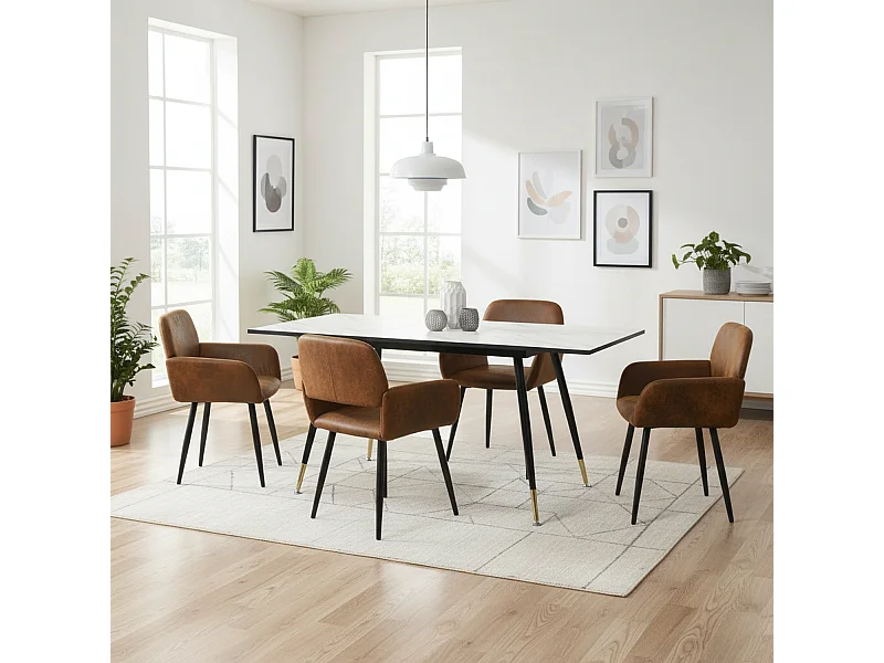 URBAN MEUBLE Ensemble table extensible marbre blanc et 4 chaises suède brun