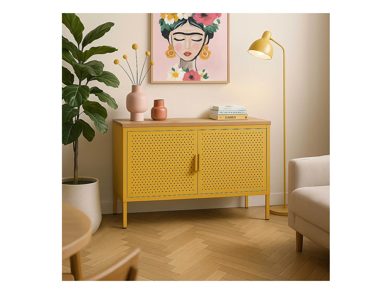 Buffet moderne 2 portes L100 cm en métal jaune