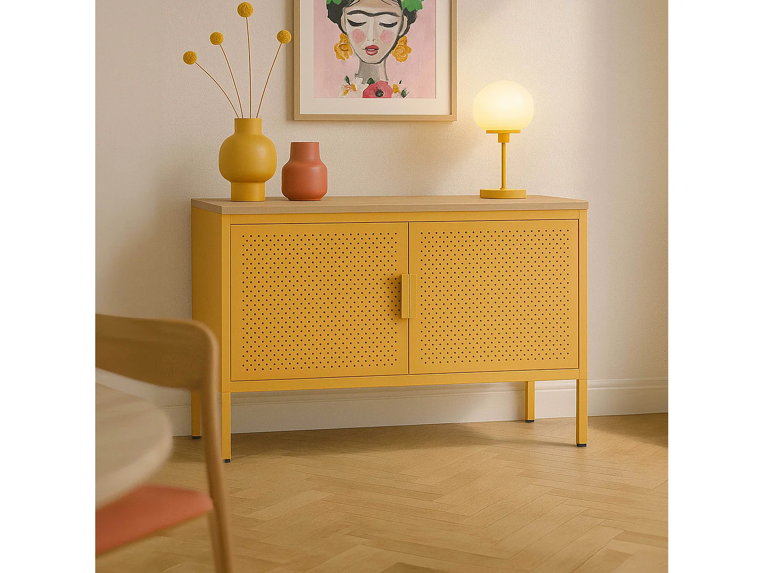 Buffet moderne 2 portes L100 cm en métal jaune