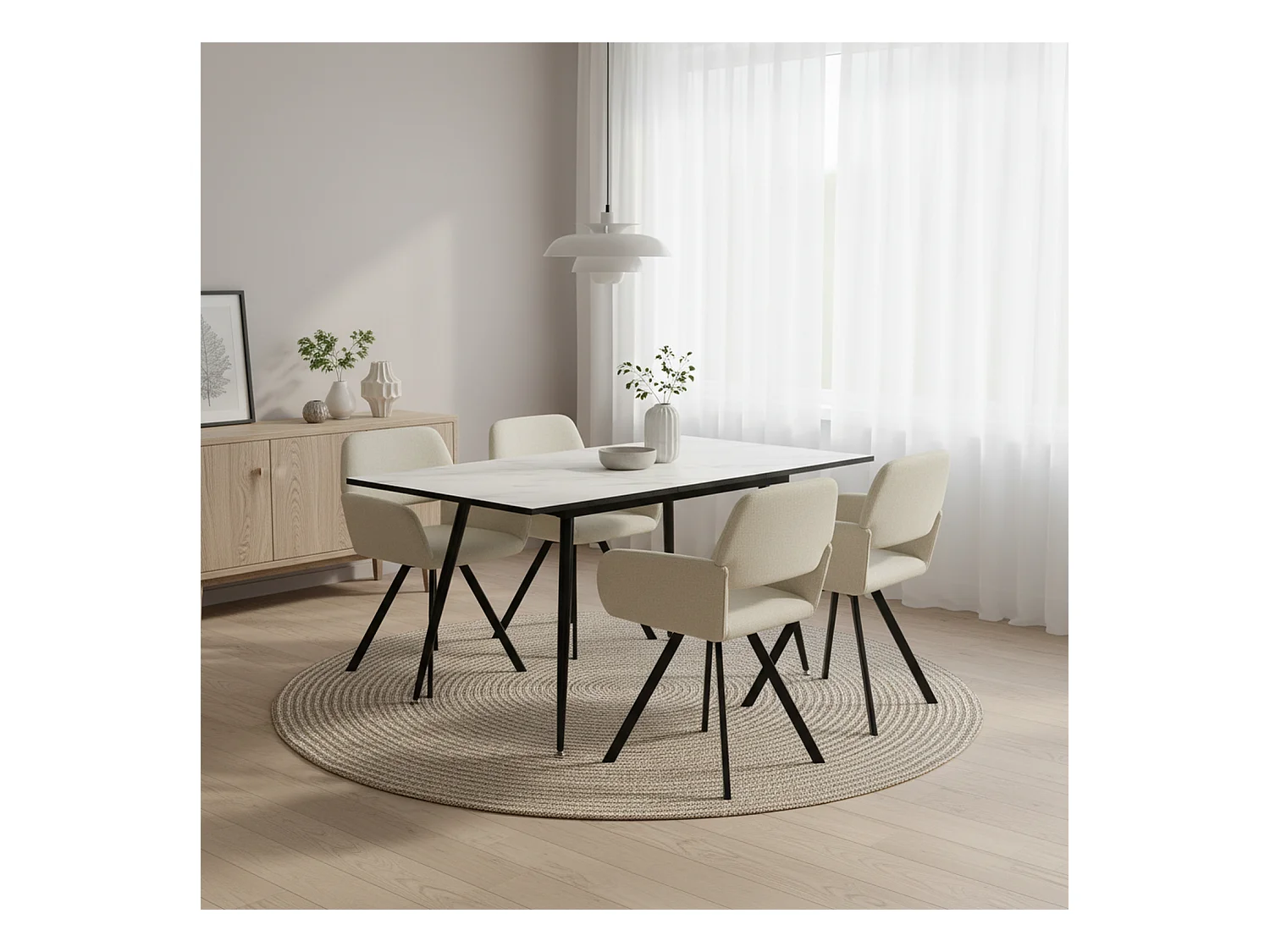 URBAN MEUBLE Ensemble table extensible marbre blanc et 4 chaises pivotantes beige