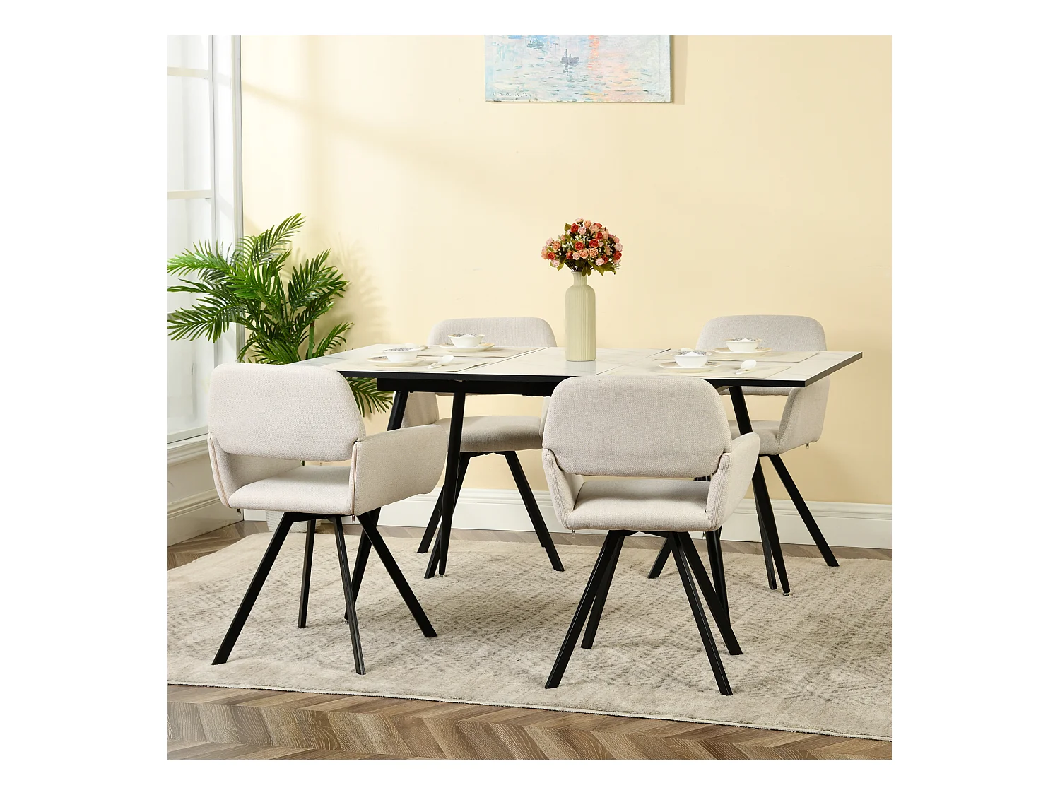 URBAN MEUBLE Ensemble table extensible marbre blanc et 4 chaises pivotantes beige