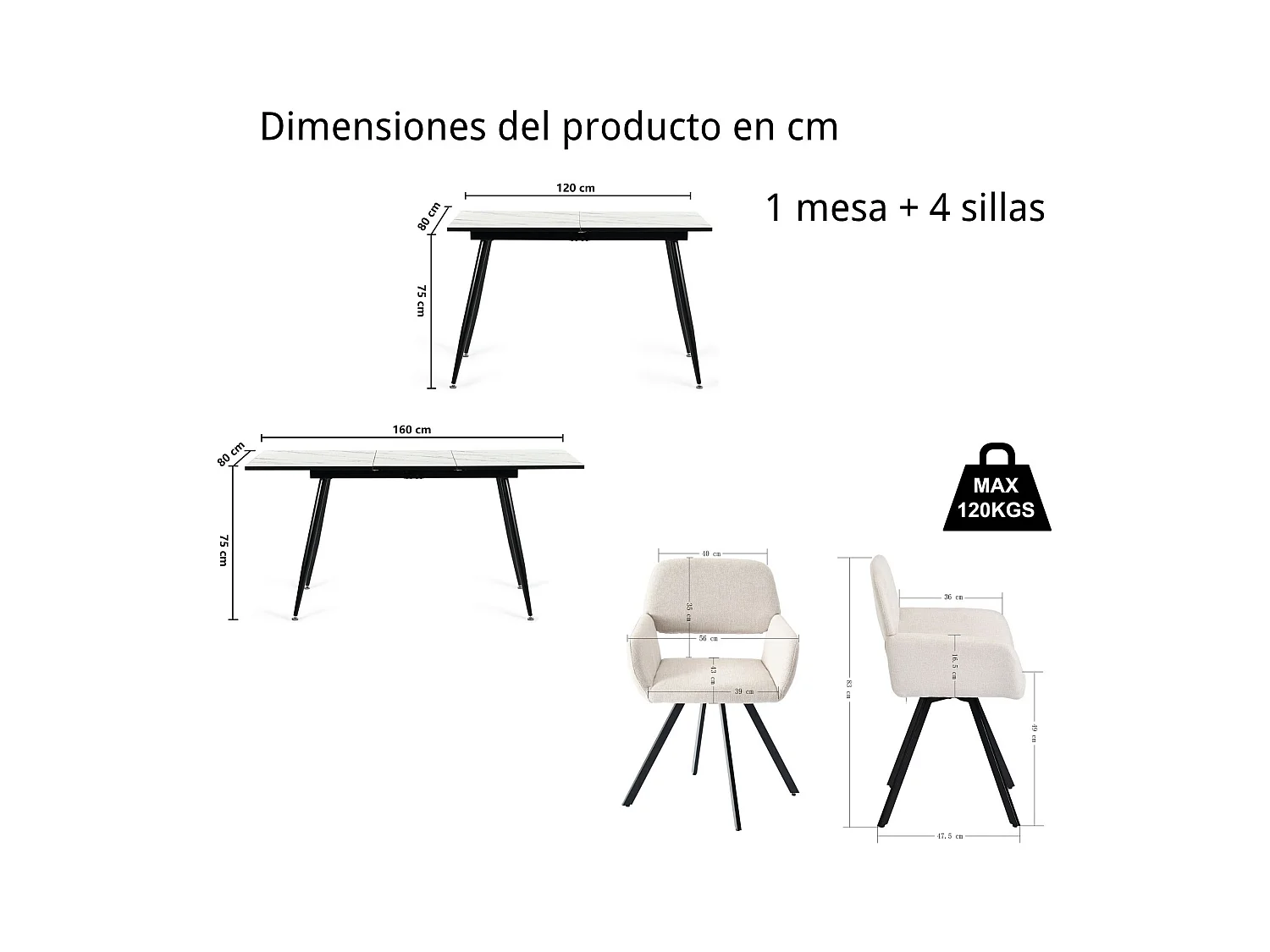URBAN MEUBLE Ensemble table extensible marbre blanc et 4 chaises pivotantes beige