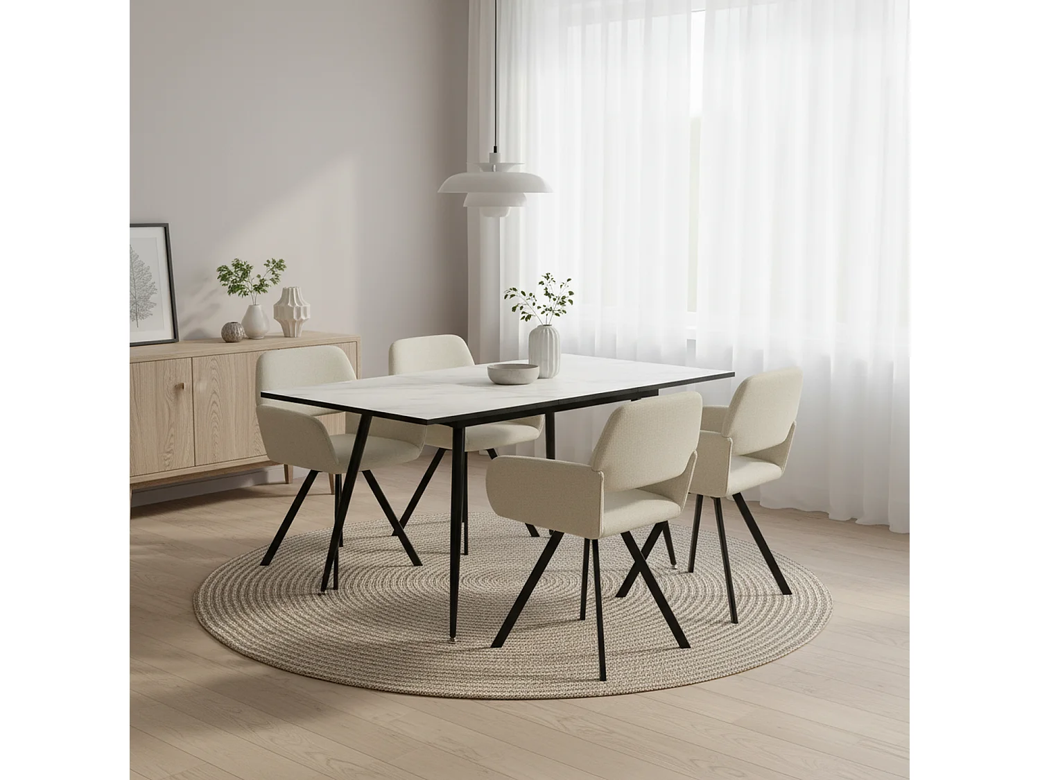 URBAN MEUBLE Ensemble table extensible marbre blanc et 4 chaises pivotantes beige