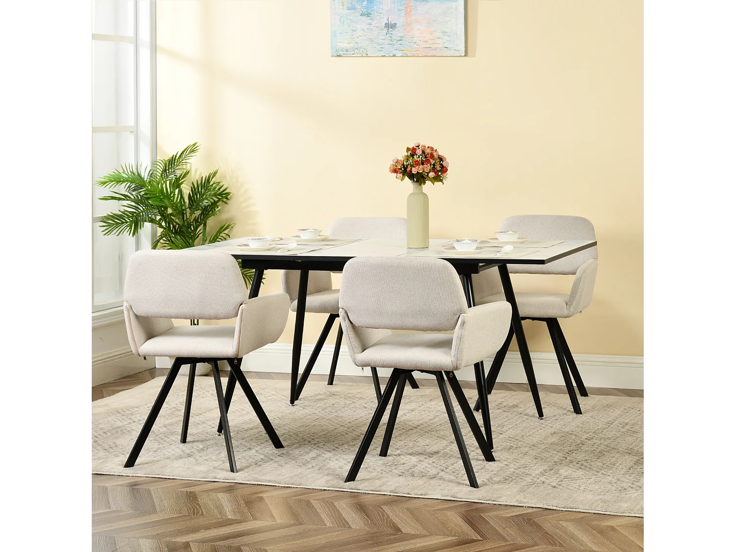 URBAN MEUBLE Ensemble table extensible marbre blanc et 4 chaises pivotantes beige