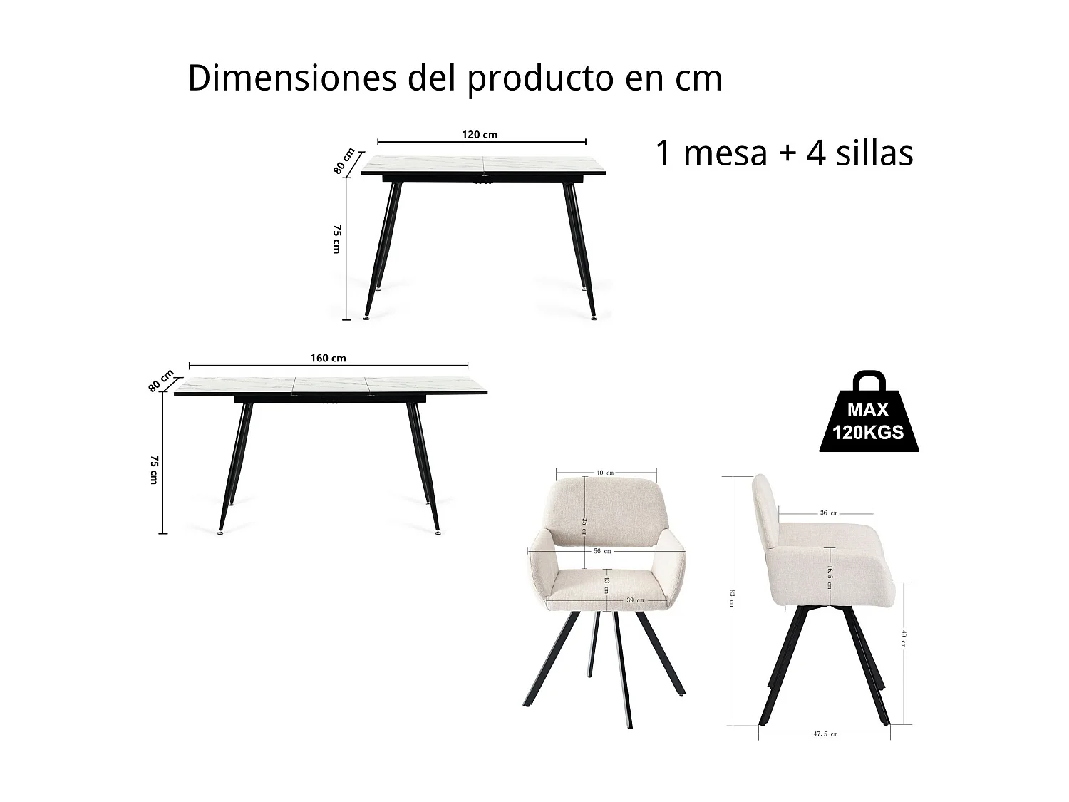 URBAN MEUBLE Ensemble table extensible marbre blanc et 4 chaises pivotantes beige