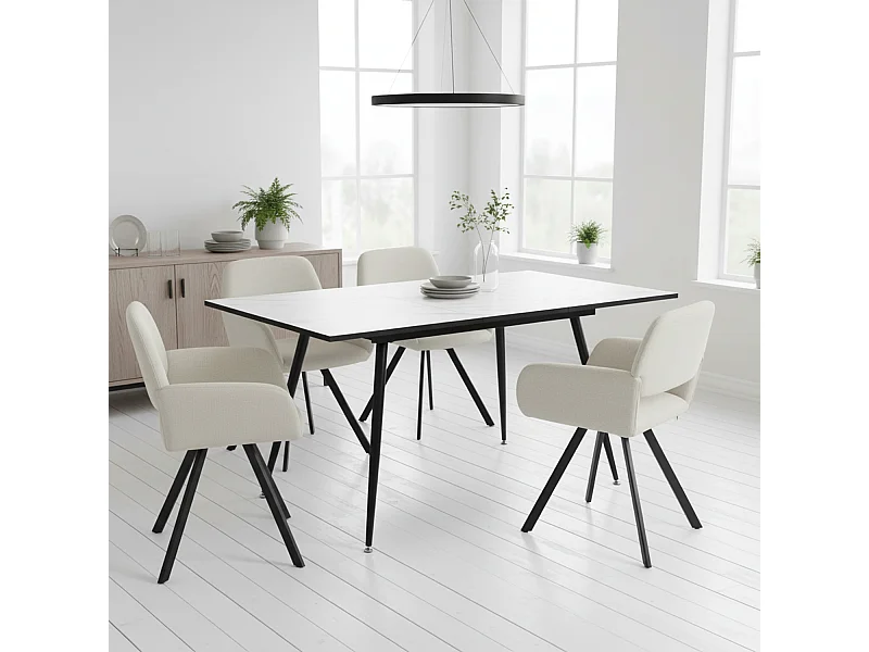 URBAN MEUBLE Ensemble table extensible marbre blanc et 4 chaises pivotantes beige