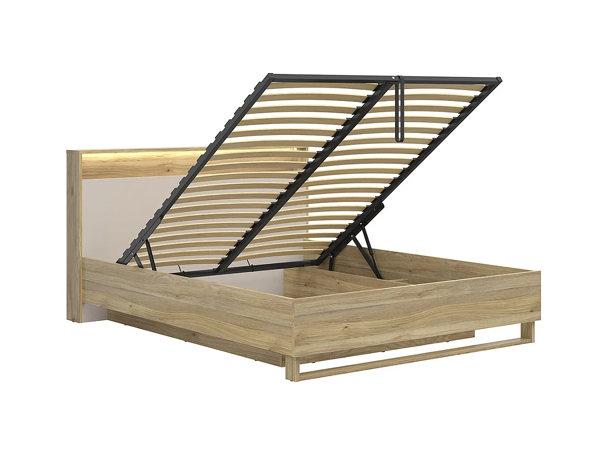 Lit coffre 160x200 sommier LED et prise USB inclus Donna Cachemire et Bois