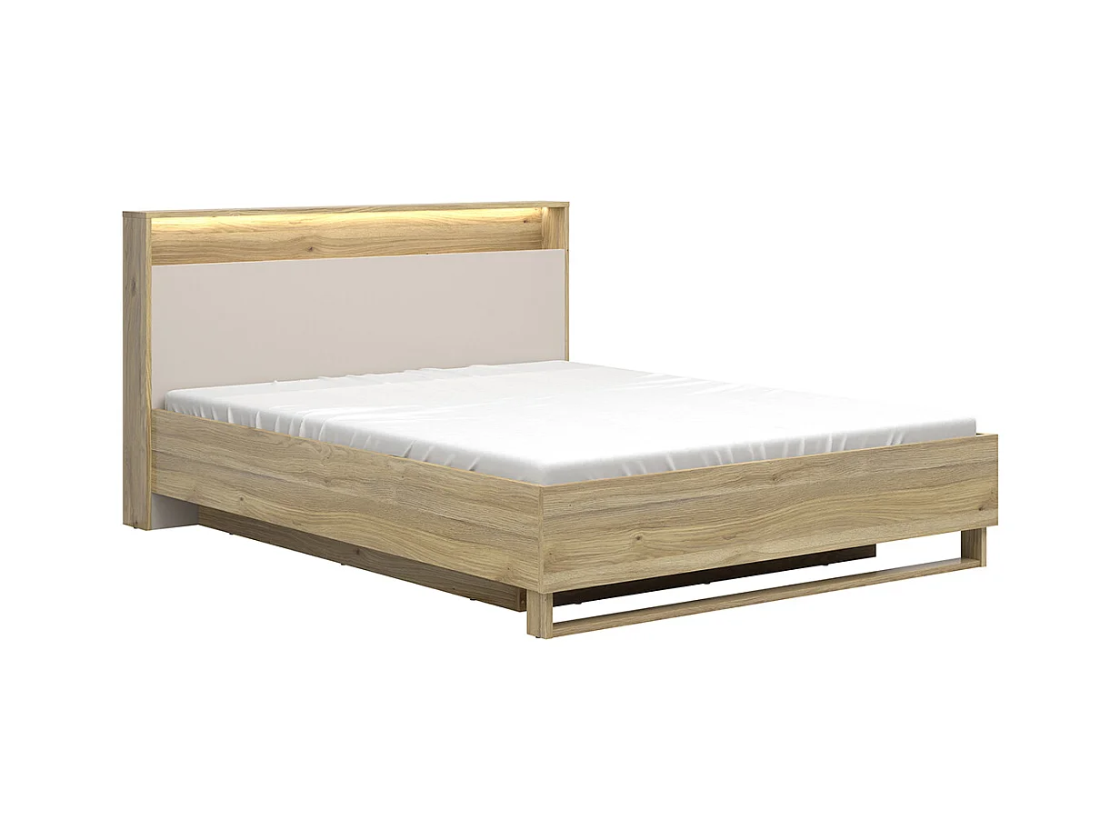 Lit coffre 160x200 sommier LED et prise USB inclus Donna Cachemire et Bois