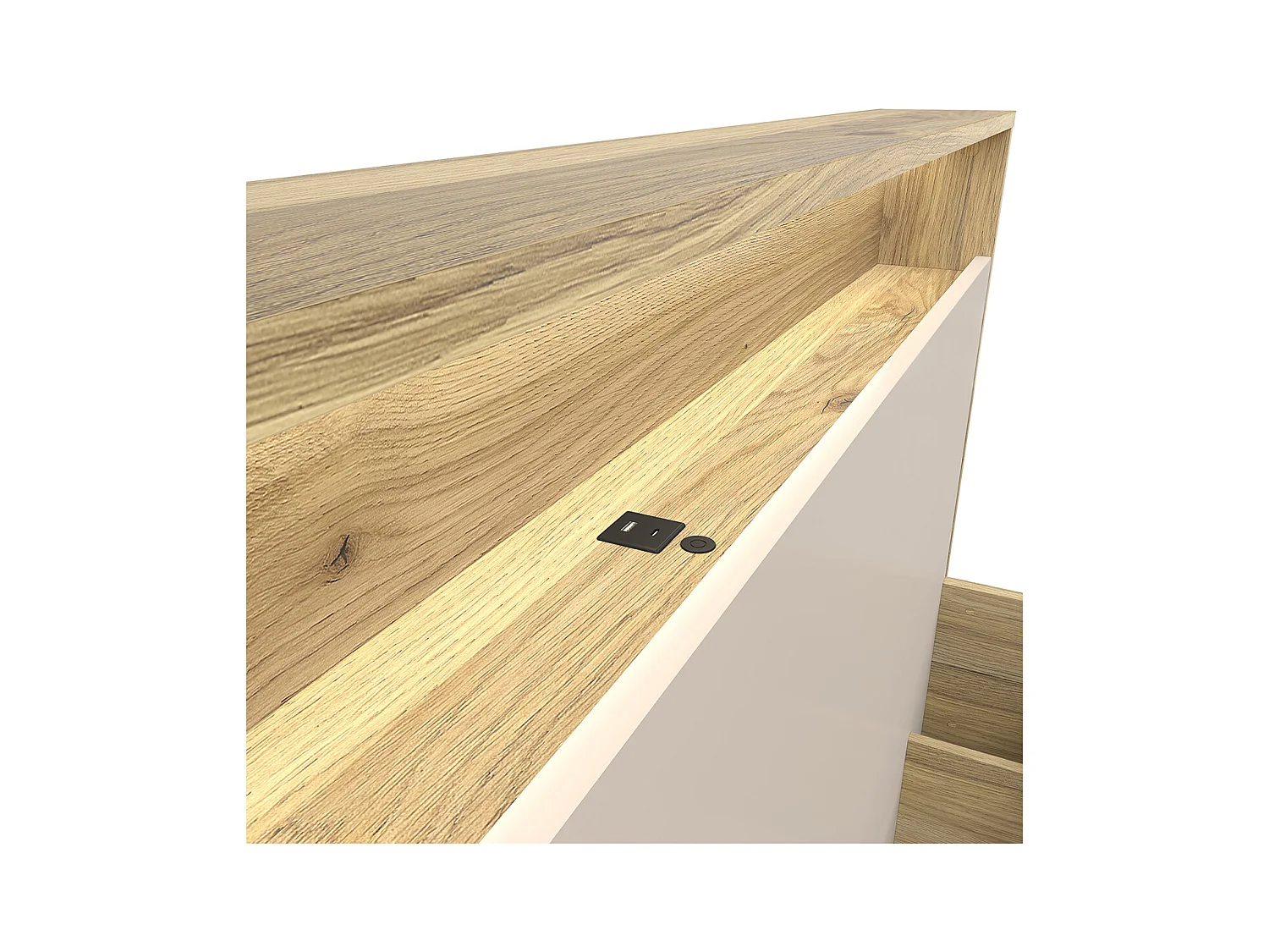 Lit coffre 160x200 sommier LED et prise USB inclus Donna Cachemire et Bois